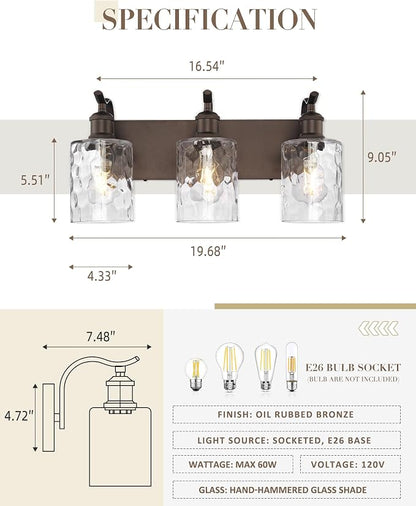 3-Light Bathroom Vanity Light,Hammered Glass,Oil Rubbed Bronze | 19.6 Inch Over Mirror Wall Light,E26 sockets,for bathroom mirror,powder room,dressing area