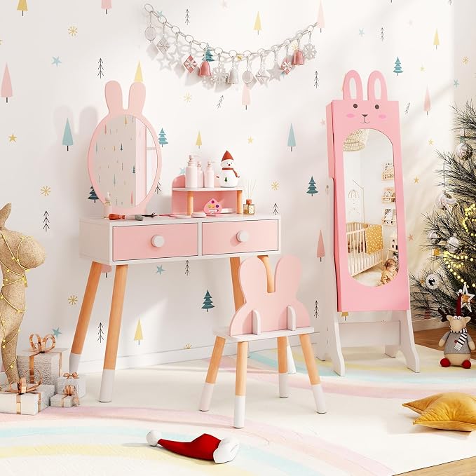 HONEY JOY Kids Jewelry Armoire Cabinet, Rabbit Themed Wooden Standing Jewelry Organizer w/Full-length Mirror and Storage Drawers, Children Dress Up Jewelry Cabinet for Little Girls (Pink)
