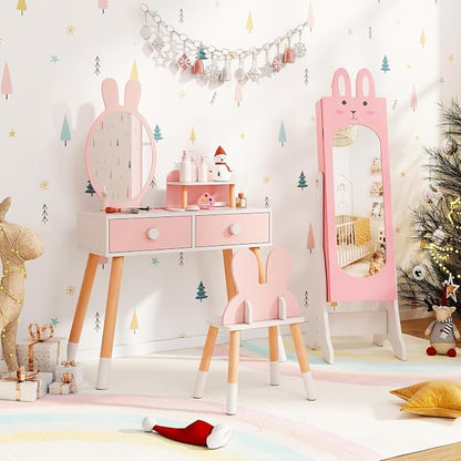 HONEY JOY Kids Jewelry Armoire Cabinet, Rabbit Themed Wooden Standing Jewelry Organizer w/Full-length Mirror and Storage Drawers, Children Dress Up Jewelry Cabinet for Little Girls (Pink)