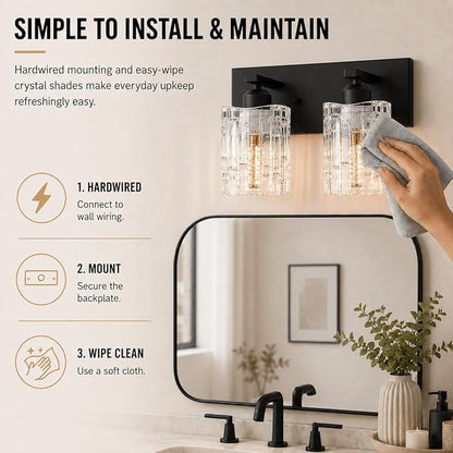 Matte Black Crystal Bathroom Vanity Light,2 Lights Modern Bathroom Wall Light,Over Mirror Light Fixtures for Living Room, Bedroom, Hallway