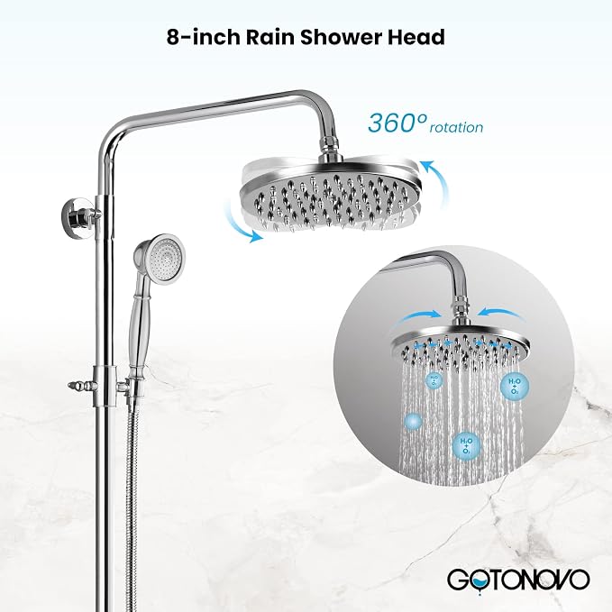 gotonovo Exposed Shower System with Shelf 2 Cross Handle Polished Chrome | Bathroom Brass Shower Faucet Set,8’’ Rainfall Head with Handheld Sprayer,SUS304 Shelf,6’’ Hole Distance,Adjustable Height