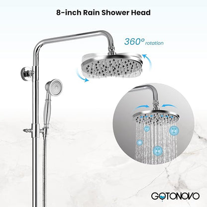gotonovo Exposed Shower System with Shelf 2 Cross Handle Polished Chrome | Bathroom Brass Shower Faucet Set,8’’ Rainfall Head with Handheld Sprayer,SUS304 Shelf,6’’ Hole Distance,Adjustable Height