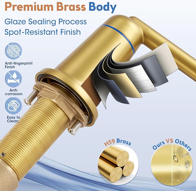 Roman Tub Faucet 3 Hole Deck Mount Tub Filler High Flow Brushed Gold | With Ceramic Valve, Solid Brass, High Arch Bathtub Faucet, 2-Handle Design, Widespread Mount, Garden Bath Tub Faucet