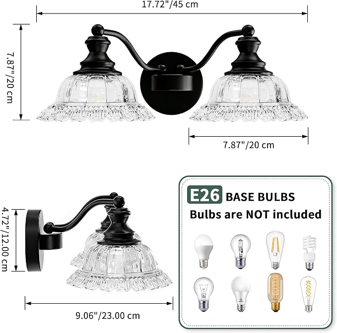 2 Lights Bathroom Vanity Light Fixtures, Vintage Black Vanity Lights for Bathroom, Farmhouse Antique Light Fixtures Over Mirror with Crystal Glass Shade