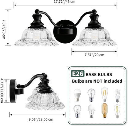 2 Lights Bathroom Vanity Light Fixtures, Vintage Black Vanity Lights for Bathroom, Farmhouse Antique Light Fixtures Over Mirror with Crystal Glass Shade