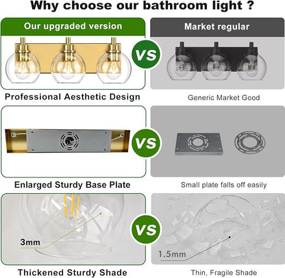 IZORRO Bathroom Light Fixtures, 3-Light Brushed Gold Vanity Light, Modern Wall Sconces with Globe Clear Glass Shade, Vanity Lighting Fixtures Over Mirror,E26 Bulb Socket