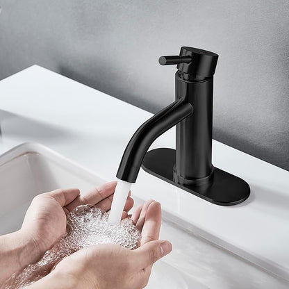 Single Hole Bathroom Sink Faucet Matte Black, Modern Single Handle Bathroom Faucet Commercial Stainless Steel Basin Faucet with Drain