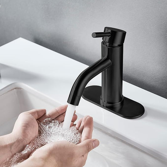 Single Hole Bathroom Sink Faucet Matte Black, Modern Single Handle Bathroom Faucet Commercial Stainless Steel Basin Faucet with Drain