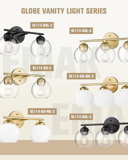 Emak 2-Light Gold Bathroom Light Fixtures, Modern Globe Vanity Lights with Milk Glass Shade for Bathroom, VL114-GD-ML-2