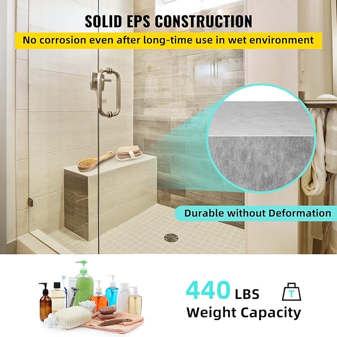 VEVOR Tile Shower Seat, 38.2" x 11.4" x 20" Tile Shower Seat, Factory Waterproof & 100% Leak-Proof Tileable Shower Corner Seat, 440lbs Loading Rectangular Board Shower Bench, Grey