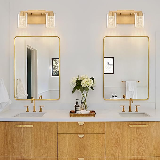 SineRise 2-Light Gold Vanity Light with 3 Color Modes (3000K/4000K/6000K), Eye Protection LED Bathroom Light Fixture, Dimmable Modern Wall Light Over Mirror with Clear Glass Shade