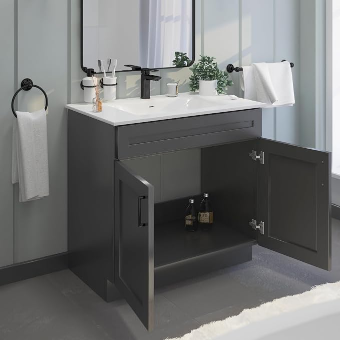 36" Grey Shaker Bathroom Vanity Base – Ready-to-Assemble Bathroom Sink Cabinet, Freestanding Vanity Base Only, RTA Bathroom Cabinet, No Top or Sink
