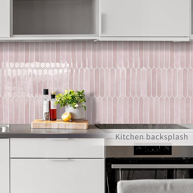 10 Sheets Long Hexagon Tile Peel and Stick Backsplash | Self-Adhesive Wall Tiles Stick on Back Splash for Kitchen, Bathroom, Fireplace,RV(Pink,12"×12")