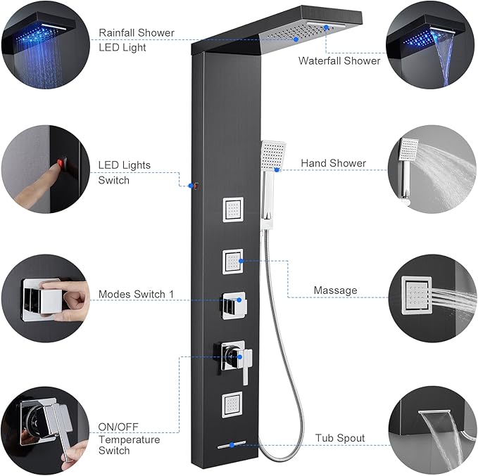 MENATT LED Shower Panel Tower System, Bathroom 5-Function Shower Panel Tower with LED Rainfall Waterfall Shower Head, Massage Jets, Tub Spout, Handheld Shower, Black