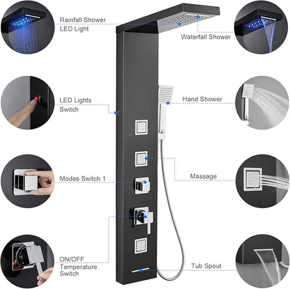 MENATT LED Shower Panel Tower System, Bathroom 5-Function Shower Panel Tower with LED Rainfall Waterfall Shower Head, Massage Jets, Tub Spout, Handheld Shower, Black