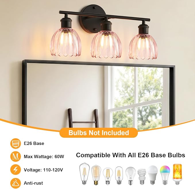 Bathroom Light Fixtures, 3-Light Brushed Black Vanity Lights for Bathroom with Pink Tulip Glass Shade, 20" Vintage Bathroom Vanity Lighting Fixtures Over Mirror for Bedroom Living Room Hallway