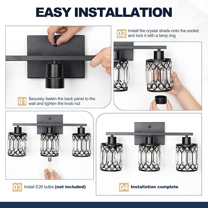 Crystal Modern Bathroom Light Fixtures, 3-Light Brushed Nickel Bathroom Vanity Wall Light, Vanity Lights for Mirror, Restroom, Bedroom (E26 Socket, Bulbs Not Included)
