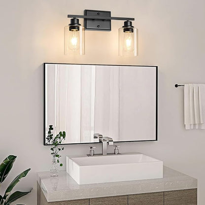 Unicozin 2 Light Bathroom Light Fixtures, Modern Vanity Lights Over Mirror, Black Wall Lamp with Clear Glass for Living Room Cabinet Bedroom Porch