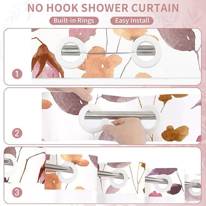 No Hook Burgundy Watercolor Floral Shower Curtain and Liner Set, 72x86 | Spring Flower Shower Curtains with Snap-in Liner for Farmhouse Bathroom Decor, Botanical Bathroom Curtain with Leaves
