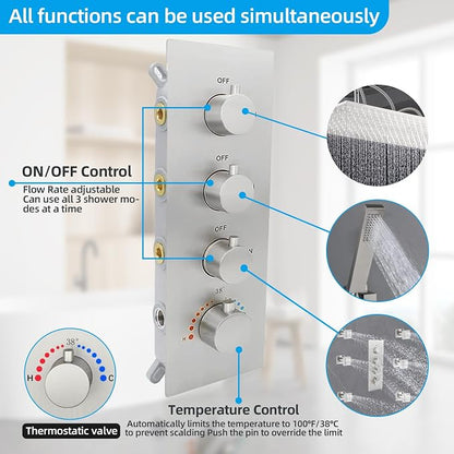 16X32 Inch Ceiling Mount Large Rainfall Shower System Thermostatic Multi Jet Shower Faucet System Luxury Massage Shower Fixtures Set with 6 Body Spray Jets, Run All at the Same Time (Brushed Nickel)