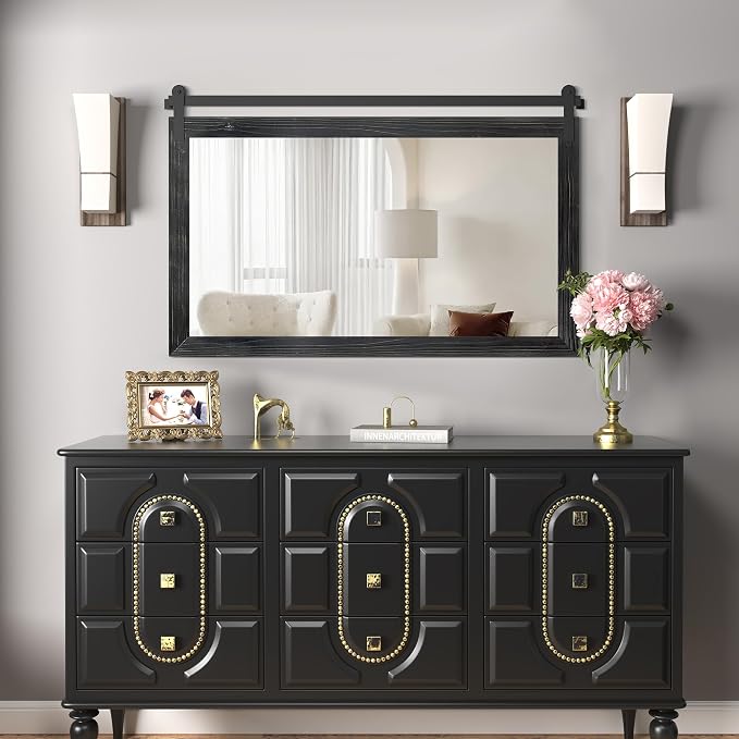 COGOOD Farmhouse Bathroom Mirrors for Over Sink - 30 x 45 Black | Rustic Barn Door Wood Framed Vanity Mirror for Entryway, Living Room, Bedroom, Dresser Wall Decor