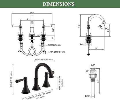Matte Black 8 inch Widespread Bathroom Sink Faucet 3 Holes with Pop-Up Drain, 2 Handle Modern Bathroom/Vanity/Lavatory Faucet with Brass 360° Swivel Spout, TAF830Y-MB