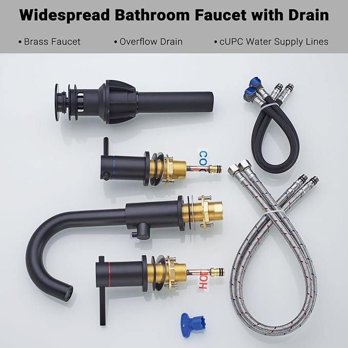 Bathroom Faucet 3 Hole Matte Black - Flow-Setting 8 Inch Widespread Bathroom Sink Faucet with 360° Swivel Spout for Small Vanity, with Overflow Pop Up Drain and cUPC Waterlines