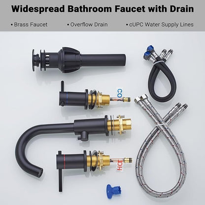 Bathroom Faucet 3 Hole Matte Black - Flow-Setting 8 Inch Widespread Bathroom Sink Faucet with 360° Swivel Spout for Small Vanity, with Overflow Pop Up Drain and cUPC Waterlines