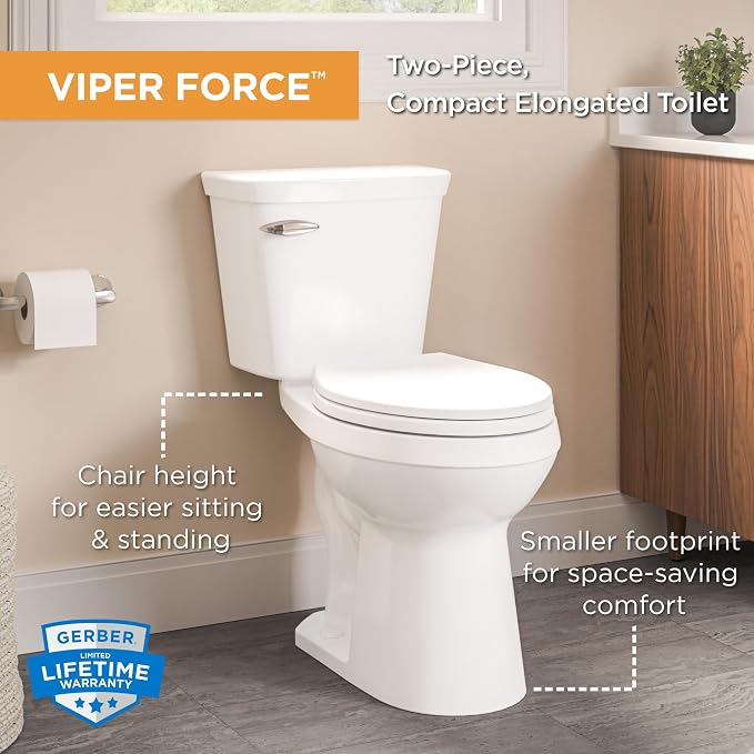 Gerber Viper Force Compact Elongated Two-Piece Toilet, Soft-Close, White | Strong flush, Space-saving design | Seat lifts off in seconds for easy cleaning | Tool-free install kit included