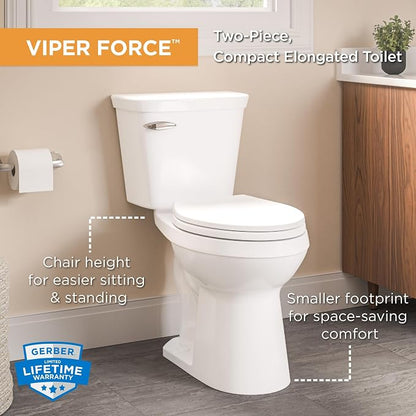 Gerber Viper Force Compact Elongated Two-Piece Toilet, Soft-Close, White | Strong flush, Space-saving design | Seat lifts off in seconds for easy cleaning | Tool-free install kit included