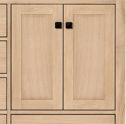 DKB Beckford 66-Inch Oak Double Bathroom Vanity with Sink, 1.5-Inch Carrara White Quartz Countertop & 4" Backsplash, Soft Closing Doors & Drawers, Matte Black Hardware