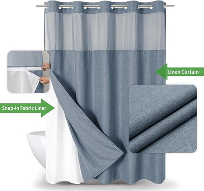 eachope No Hook Fabric Shower Curtain with Snap-in Liner,71x74 Blue Grey | Linen Texture,230GSM Thick Fabric,Hotel Luxury Decor,Mesh Window,Bottom magnetic ,Waterproof & Machine Washable,for Bathroom