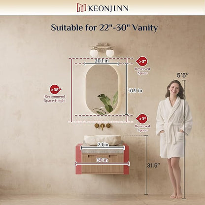 Keonjinn 20 x 32 Inch Oval LED Mirror with Backlight, Pill-Shaped Backlit Mirror Bathroom with HD Tempered Glass, UL-Listed LED Driver, 3 Color Lights, Safe Defogging, Dimmable, Decorative Mirrors