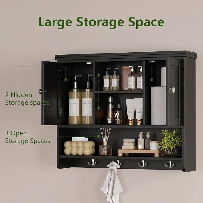 Bathroom Wall Cabinet with Doors and Hooks, 3-Tier Wall Mounted Cabinet | Modern Medicine Cabinet with 3 Open Shelves, Over the Toilet Storage Cabinet for Kitchen, Laundry Room, Living Room, Black