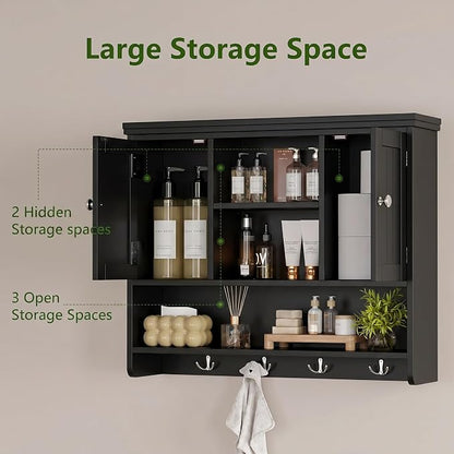Bathroom Wall Cabinet with Doors and Hooks, 3-Tier Wall Mounted Cabinet | Modern Medicine Cabinet with 3 Open Shelves, Over the Toilet Storage Cabinet for Kitchen, Laundry Room, Living Room, Black