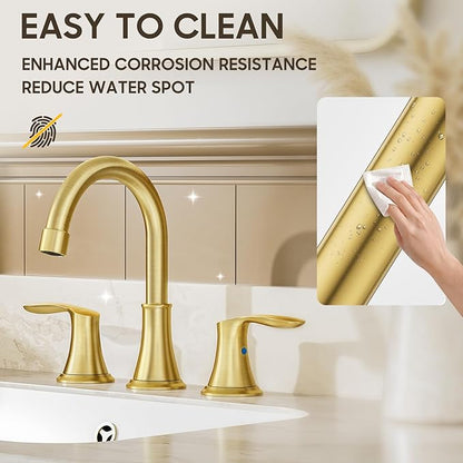 Phiestina Brushed Gold Widespread 8 Inch 3 Holes Bathroom Faucet，2 Handles Modern Bathroom Sink Faucet with Metal Pop-Up Drain & Water Supply Line, WFTY36-BG