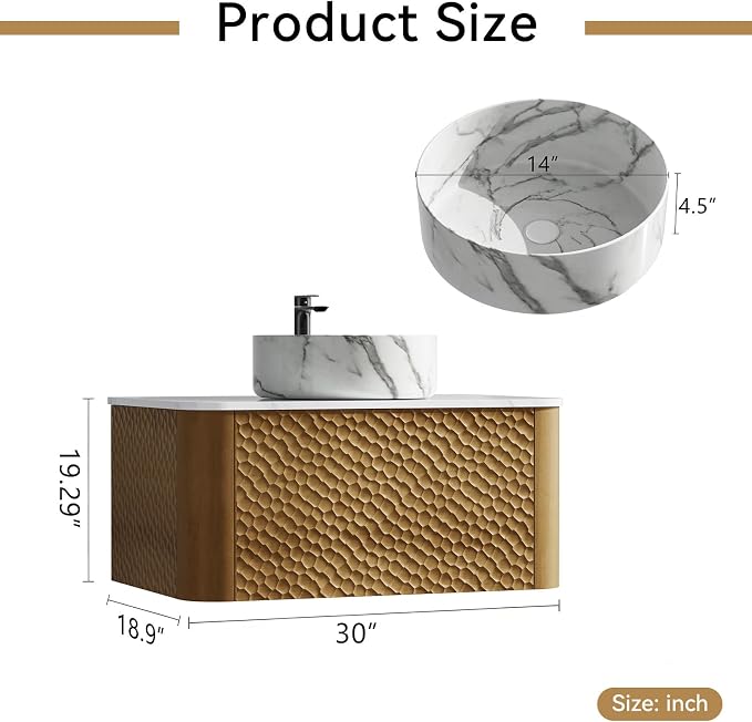 30 Inch Modern Bathroom Vanity with Ceramic Sink, Floating Bathroom Vanity Cabinet with Sintered Stone Top&Solid Wood Hammered Frame, Single Sink Bathroom Vanities w/Soft-Close Drawers,Natural