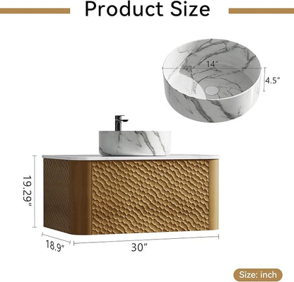 30 Inch Modern Bathroom Vanity with Ceramic Sink, Floating Bathroom Vanity Cabinet with Sintered Stone Top&Solid Wood Hammered Frame, Single Sink Bathroom Vanities w/Soft-Close Drawers,Natural