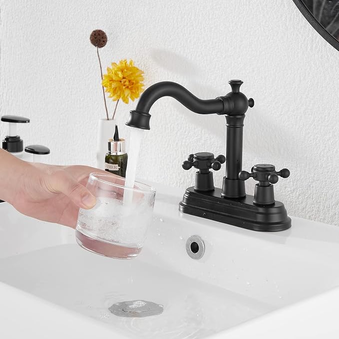 Bathroom Faucet Matte Black GGStudy 2 Handles 4 Inches Centerset Bathroom Vanity with Drain Assembly and Supply Hose Lavatory Faucet Mixer Double Handle Tap