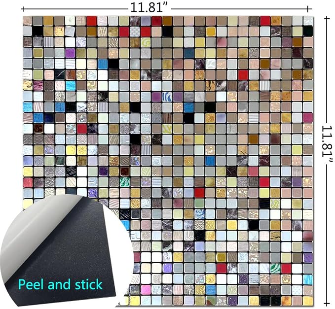 10 Sheets Peel and Stick Backsplash Tile for Kitchen, Self-Adhesive Mosaic Tile, Stick on Bathroom Vanities，Fireplace Décor, Laundry Table(11.81" X 11.81") (1.0 Color Mixing)