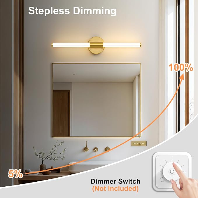 LED Bathroom Light Fixtures Gold Vanity Lights Modern 24" | 360° Bright Bathroom Light, Dimmable Vanity Light, Hardwired Wall Sconce 3000K Warm White for Mirror