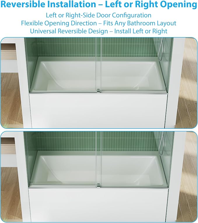 GarveeLife Frameless Glass Shower Doors for Tub 56-60”W×59”H, Double Sliding Glass Shower Door with Square Stainless Steel Rail, 6mm Tempered Glass, Brushed Finish