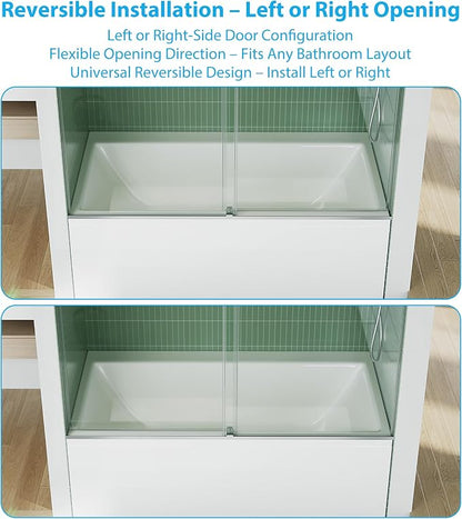 GarveeLife Frameless Glass Shower Doors for Tub 56-60”W×59”H, Double Sliding Glass Shower Door with Square Stainless Steel Rail, 6mm Tempered Glass, Brushed Finish