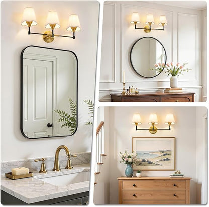 Black Gold Bathroom Vanity Light: 3 Light Vanity Lighting Fixtures with Flared Fabric Shade, Farmhouse Bathroom Lighting Fixtures over Mirror, Wall Sconce Lights for Bedroom Hallway Living Room