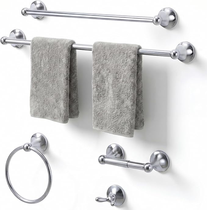 24-Inch Wall Mounted Towel Racks for Bathroom – Space Saver 5-Piece Durable Stainless Steel Bathroom Hardware Set with Towel Bar, Towel Ring, Toilet Paper Holder & Hook, Chrome