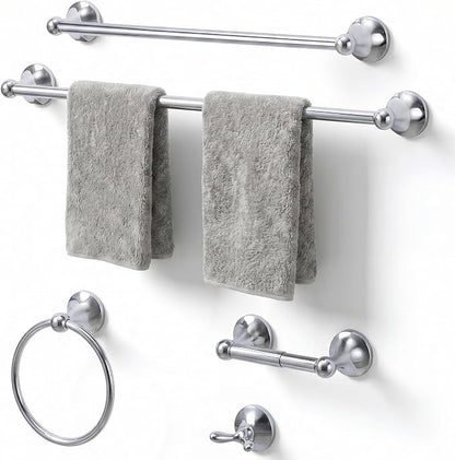 24-Inch Wall Mounted Towel Racks for Bathroom – Space Saver 5-Piece Durable Stainless Steel Bathroom Hardware Set with Towel Bar, Towel Ring, Toilet Paper Holder & Hook, Chrome