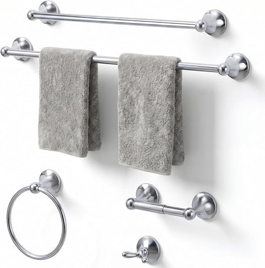 24-Inch Wall Mounted Towel Racks for Bathroom – Space Saver 5-Piece Durable Stainless Steel Bathroom Hardware Set with Towel Bar, Towel Ring, Toilet Paper Holder & Hook, Chrome