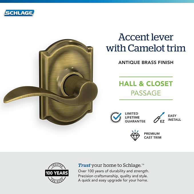 SCHLAGE Accent Lever with Camelot Trim Hall and Closet Lock in Antique Brass - F10 ACC 609 CAM