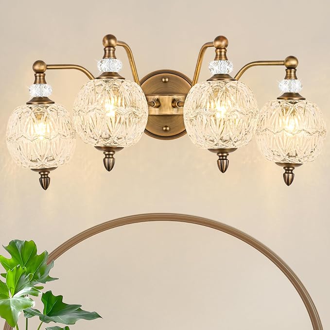 Vintage Bathroom Vanity Light, 4-Light Mid Century Matte Antique Brass Finish Wall Sconce with Globe Glass Shades, Retro Mirror Light for Bathroom, Powder Room
