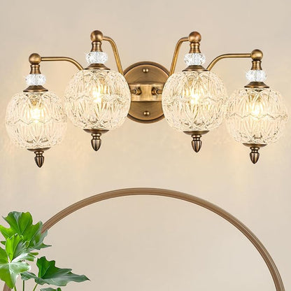 Vintage Bathroom Vanity Light, 4-Light Mid Century Matte Antique Brass Finish Wall Sconce with Globe Glass Shades, Retro Mirror Light for Bathroom, Powder Room